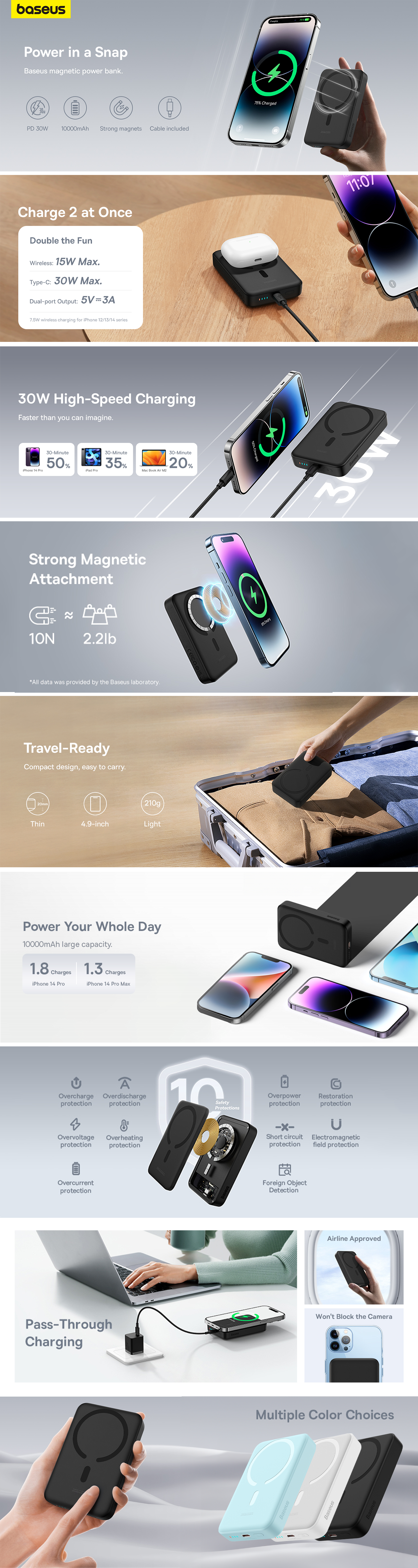 Baseus 10000mAh Magnetic Mini Wireless Fast Charge Magsafe Power Bank PD 30W With USB